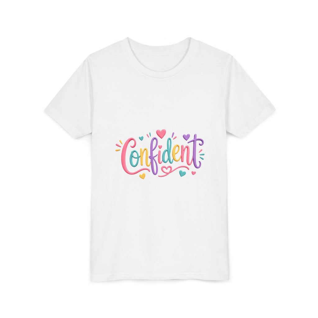 Confident Kids Tee — Colorful Heart Script Youth T-Shirt