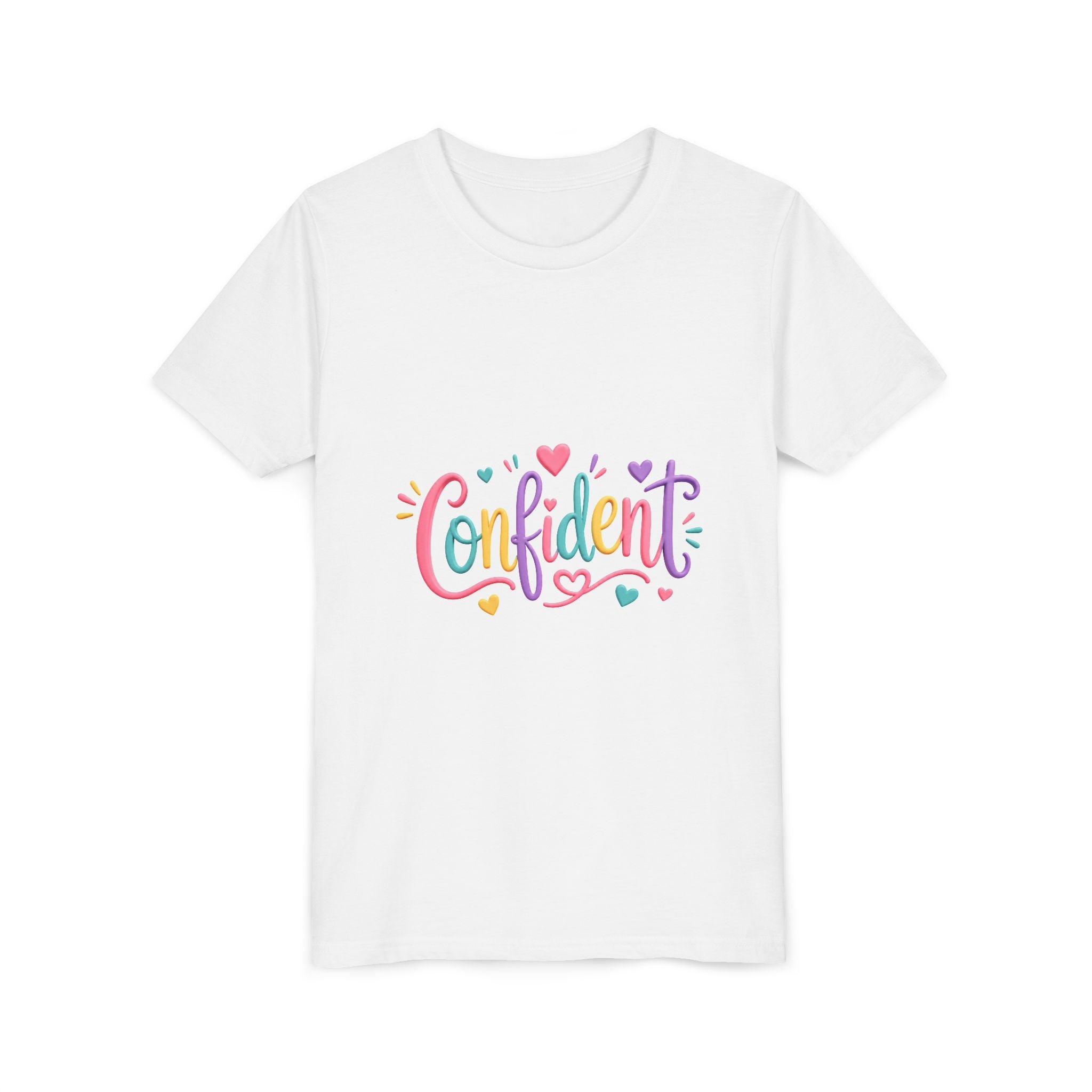 Confident Kids Tee — Colorful Heart Script Youth T-Shirt