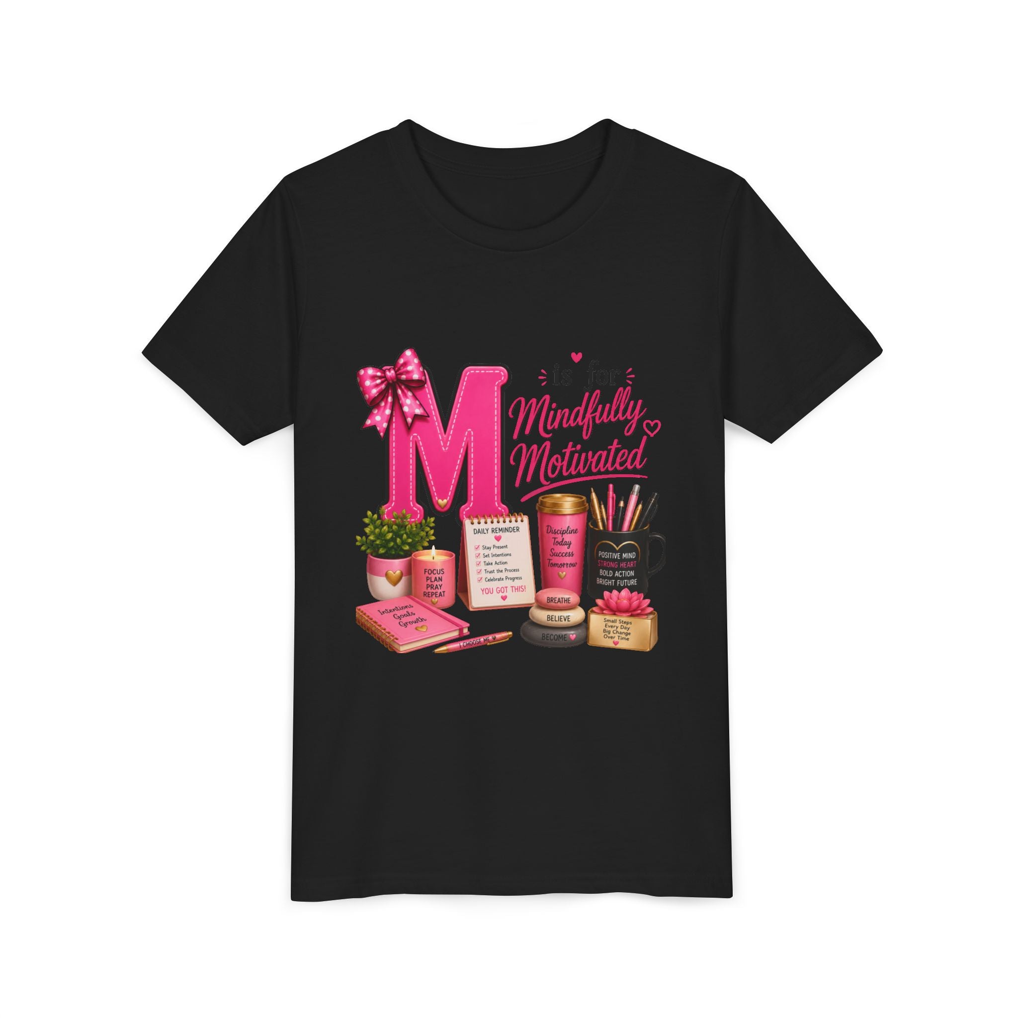 Youth Tee — "M is for Mindfully Motivated" Inspirational Pink Desk Art Shirt
