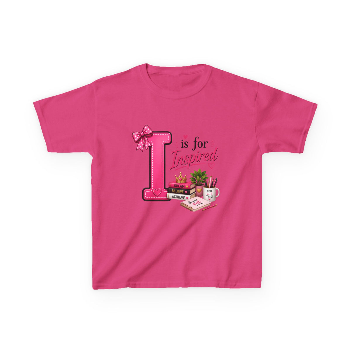 Kids Tee — "I is for Inspired" Alphabet Design (Pink, Cute Learning Shirt)
