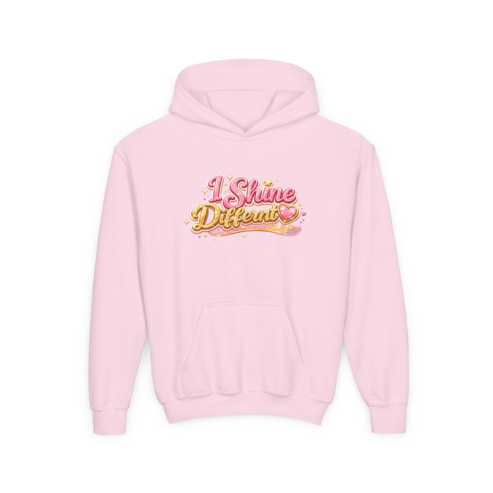 Youth Hoodie — "I Shine Different" Cute Pink Glitter Text Kids Pullover