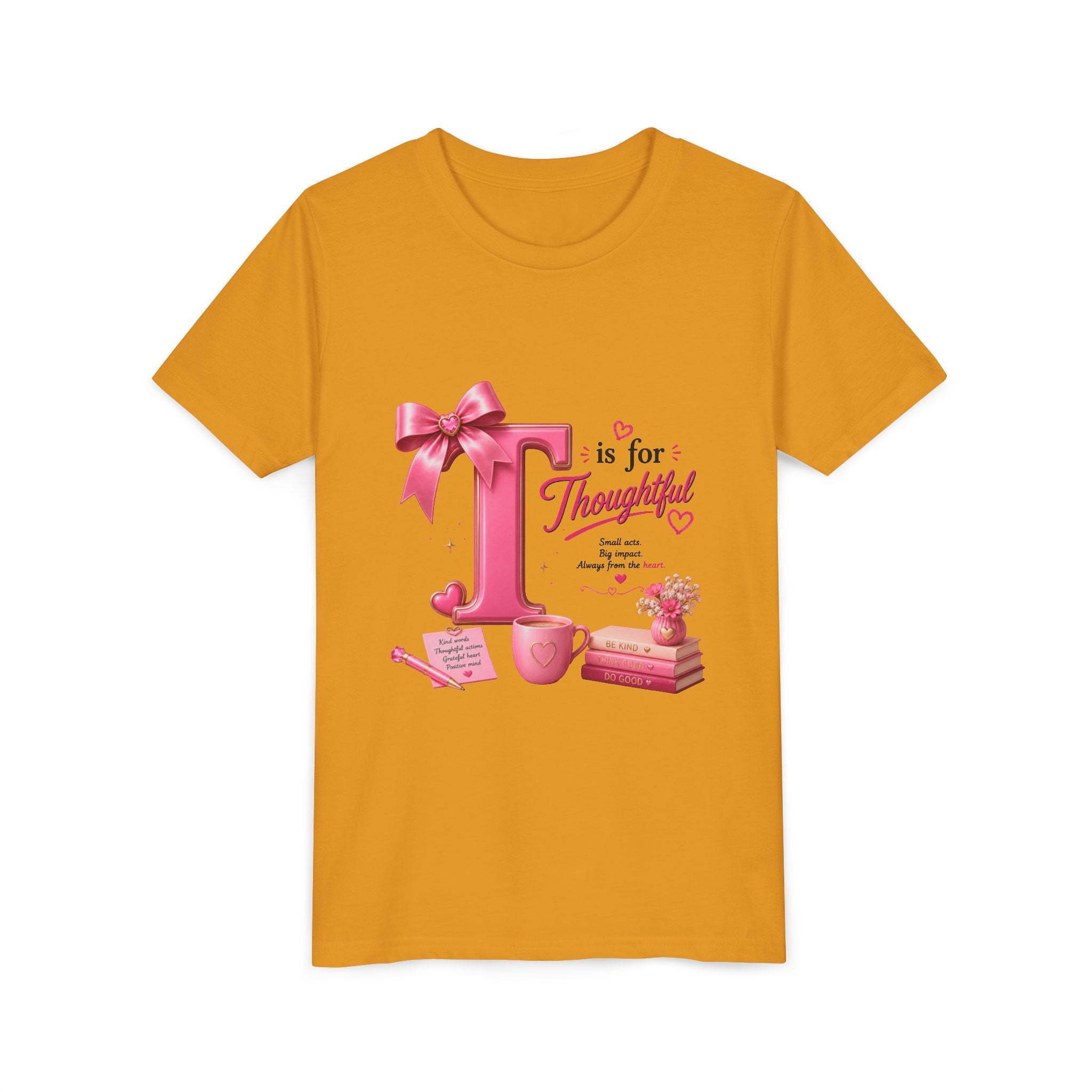 Youth Tee — "T is for Thoughtful" Pink Alphabet Kids Shirt