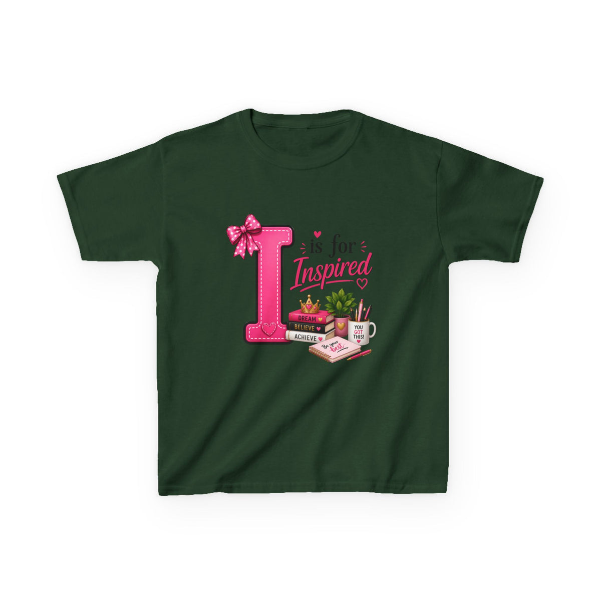 Kids Tee — "I is for Inspired" Alphabet Design (Pink, Cute Learning Shirt)