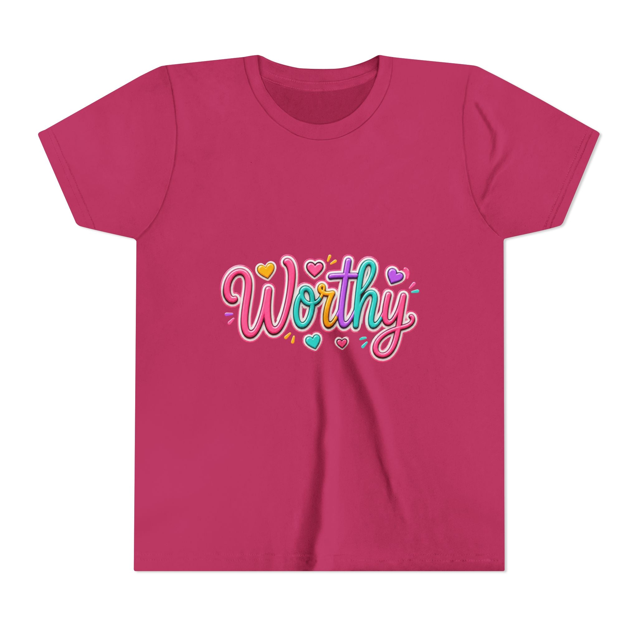 Worthy Kids Tee — Colorful Heart Graphic Youth Short Sleeve Shirt