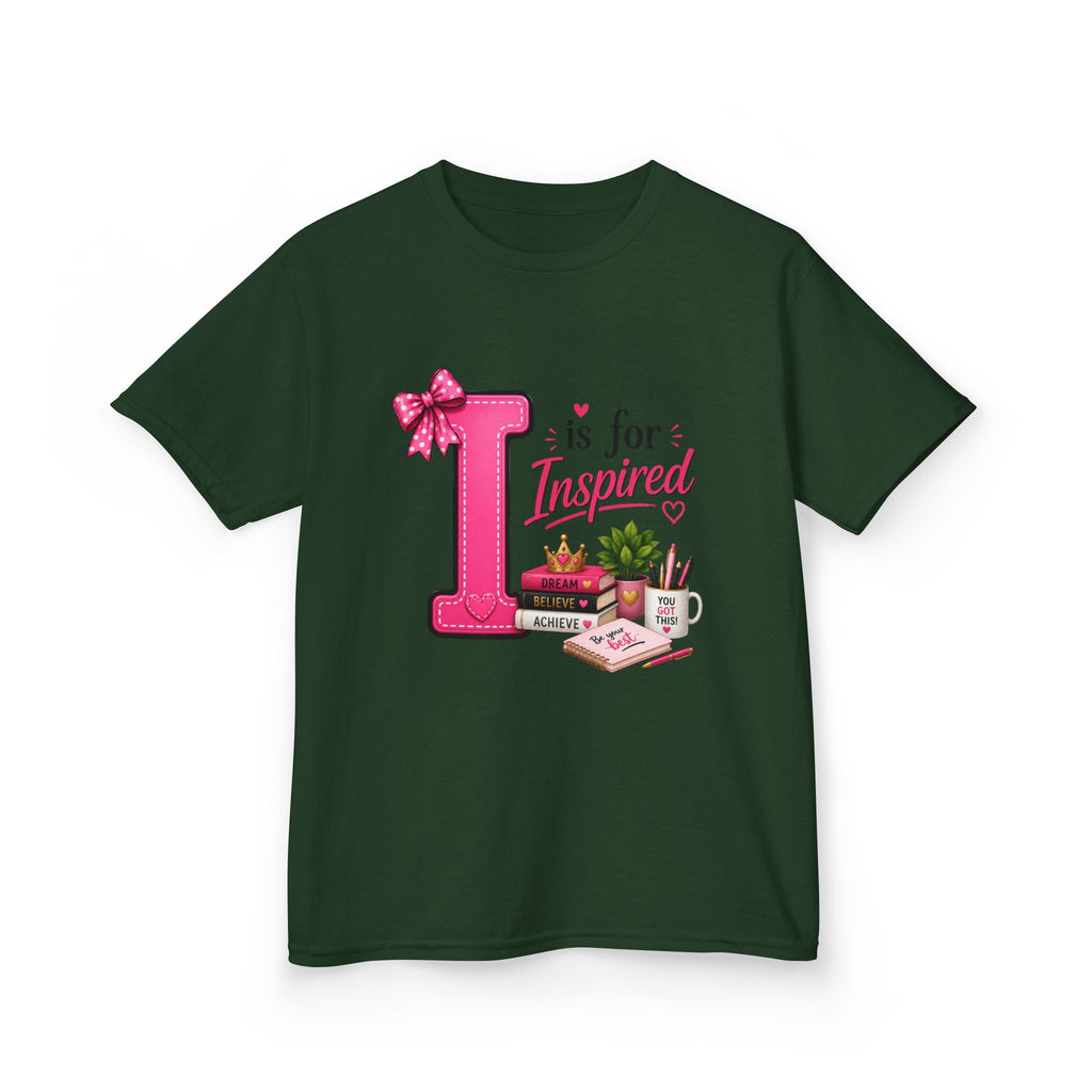 Kids Tee — "I is for Inspired" Alphabet Design (Pink, Cute Learning Shirt)