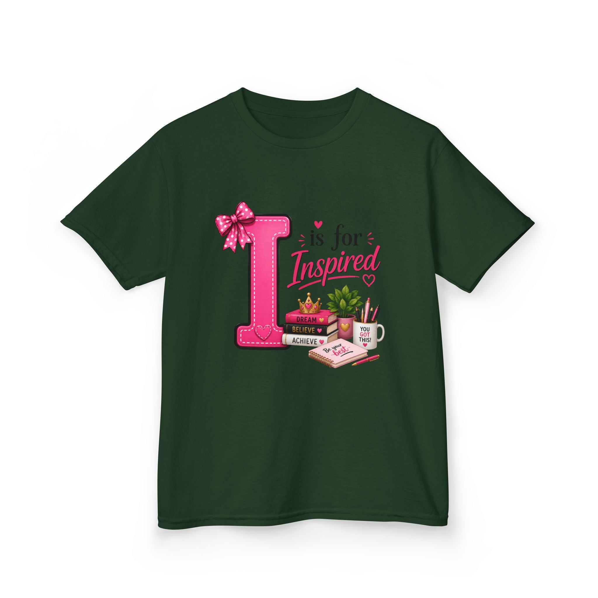 Kids Tee — "I is for Inspired" Alphabet Design (Pink, Cute Learning Shirt)