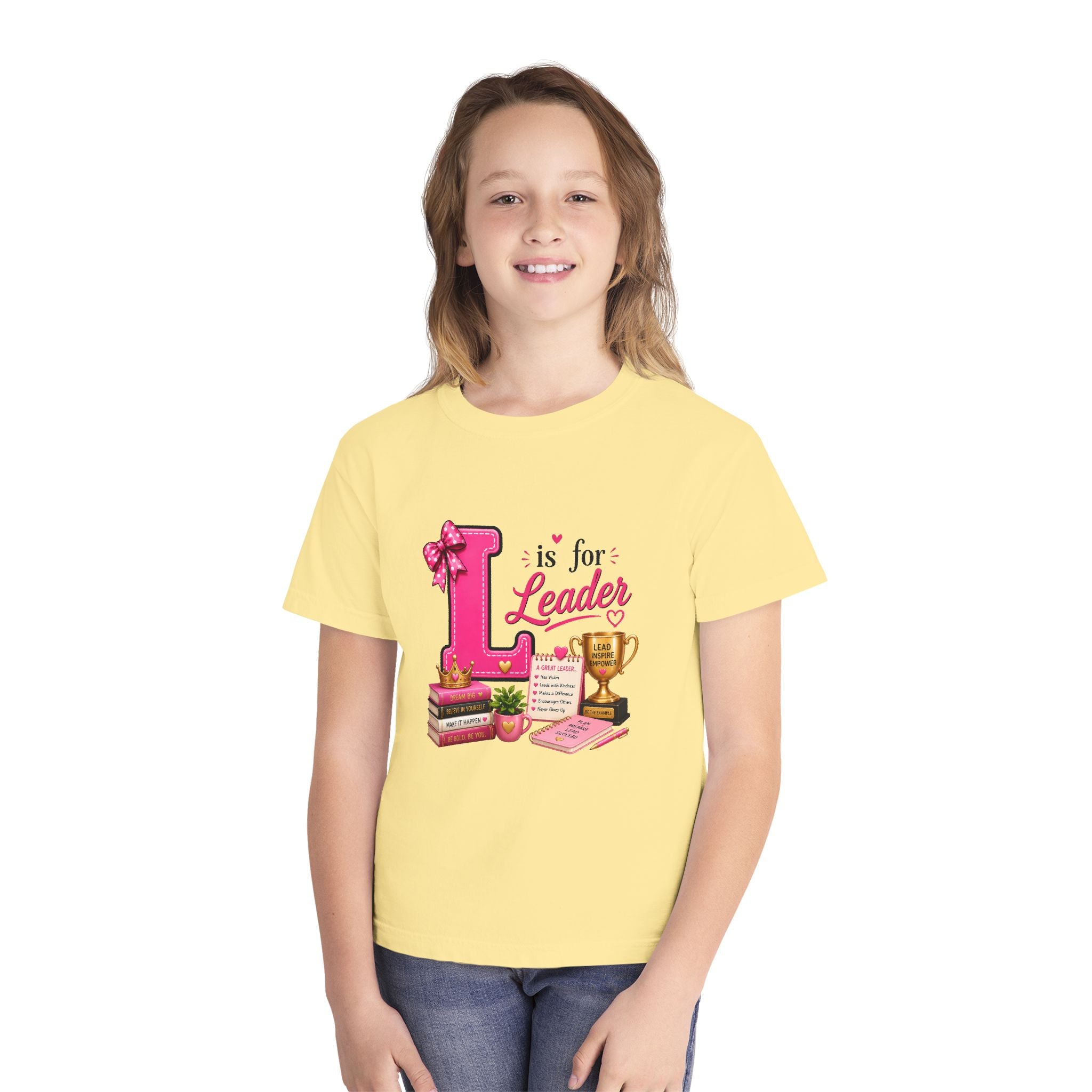 Youth Tee - "L is for Leader" Pink Scholar Trophy Design