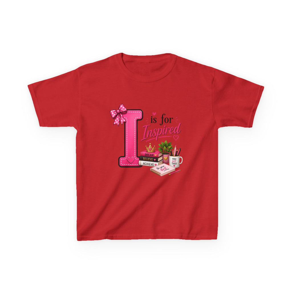 Kids Tee — "I is for Inspired" Alphabet Design (Pink, Cute Learning Shirt)