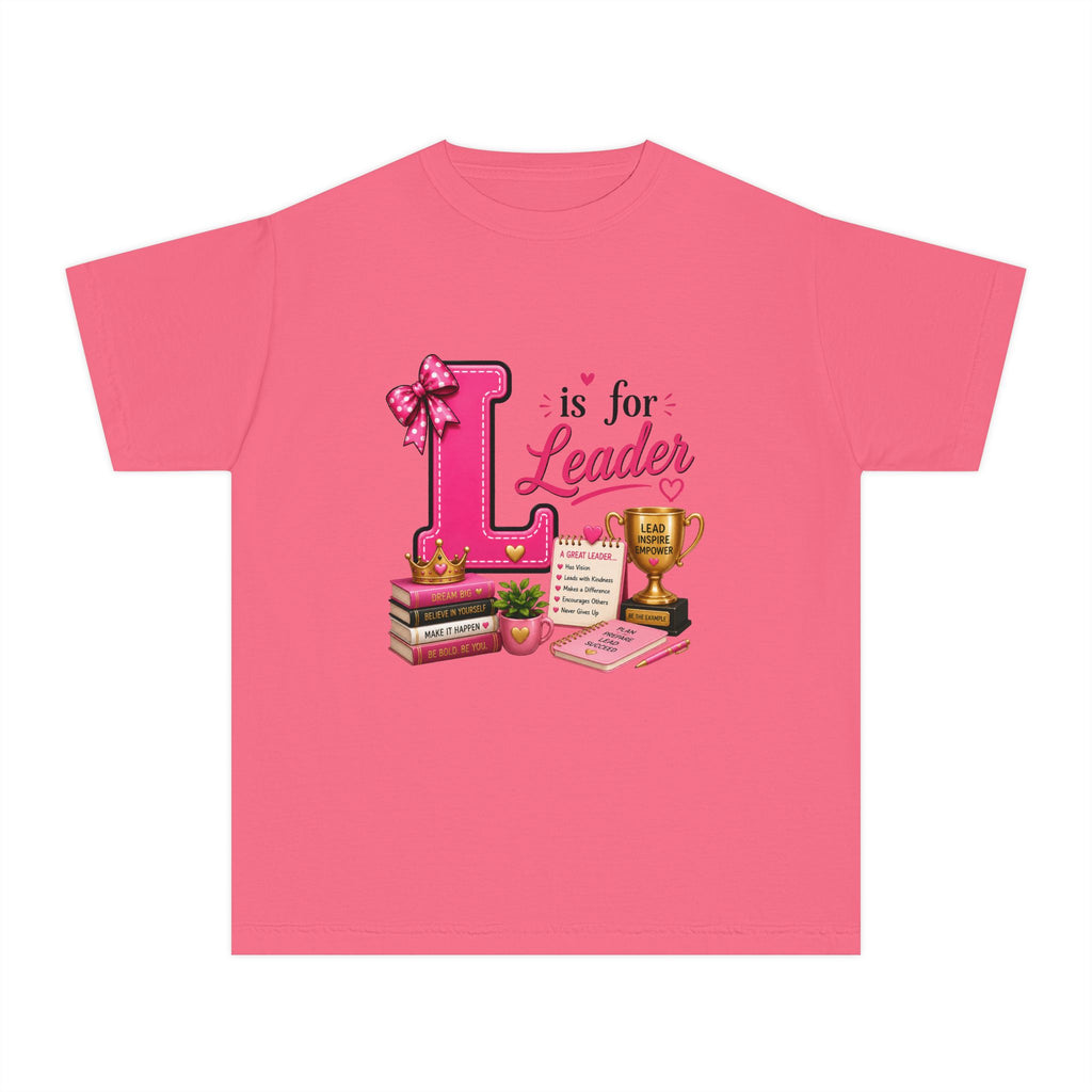 Youth Tee - "L is for Leader" Pink Scholar Trophy Design