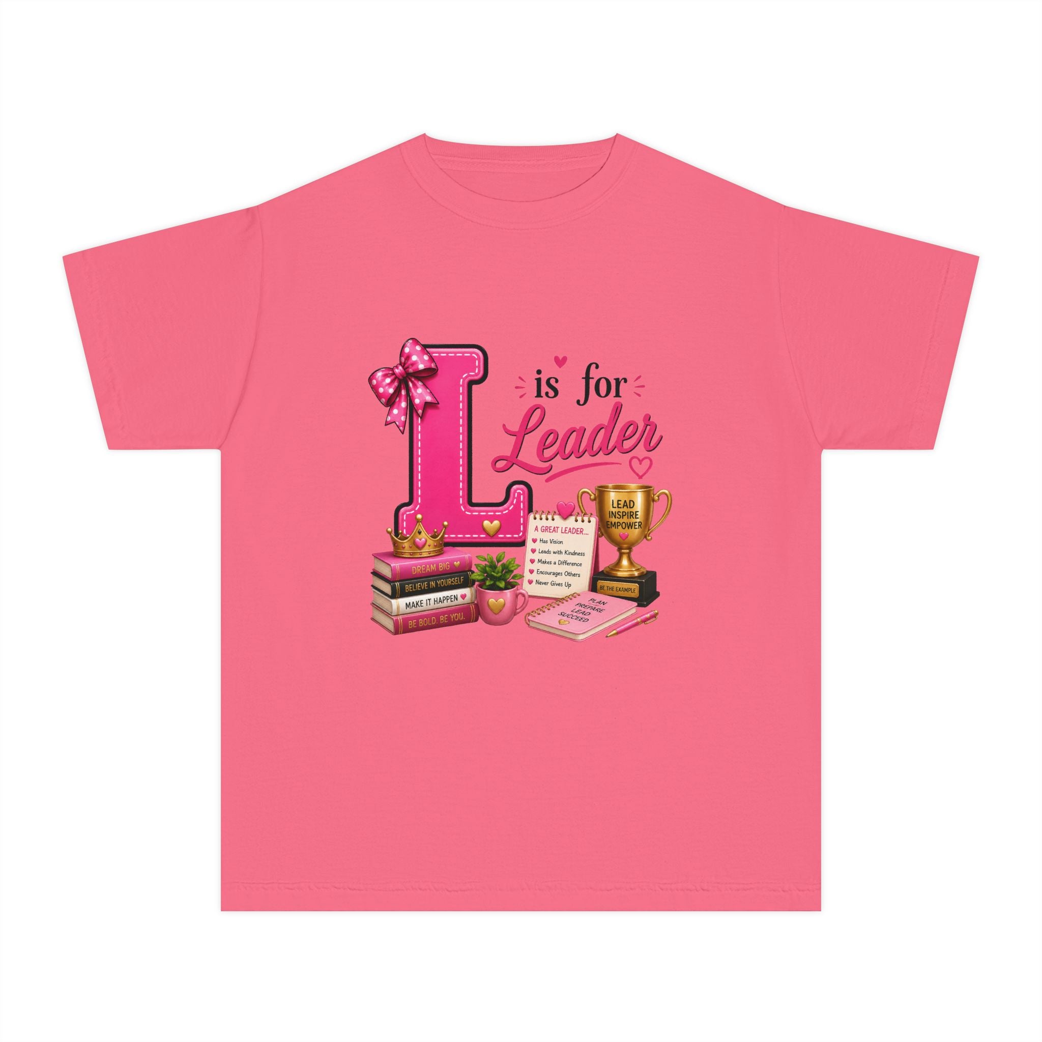 Youth Tee - "L is for Leader" Pink Scholar Trophy Design