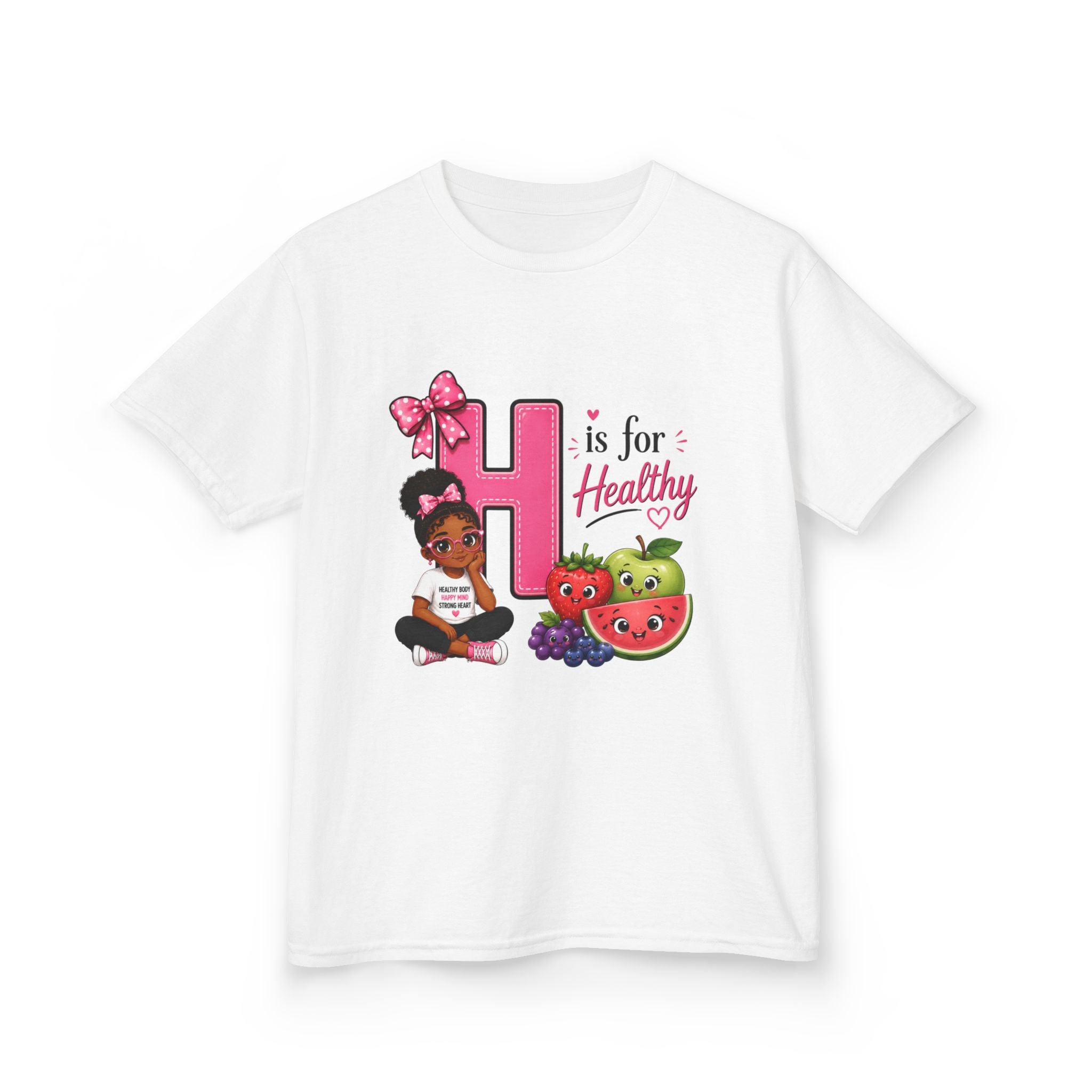 Kids Tee — "H is for Healthy" Cute Fruit & Girl Wellness Design
