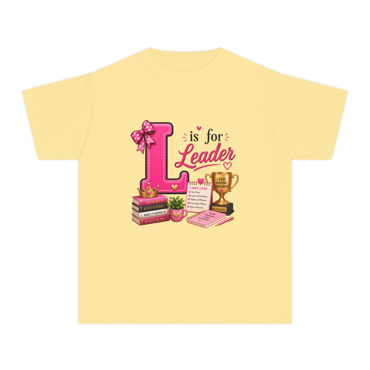 Youth Tee - "L is for Leader" Pink Scholar Trophy Design
