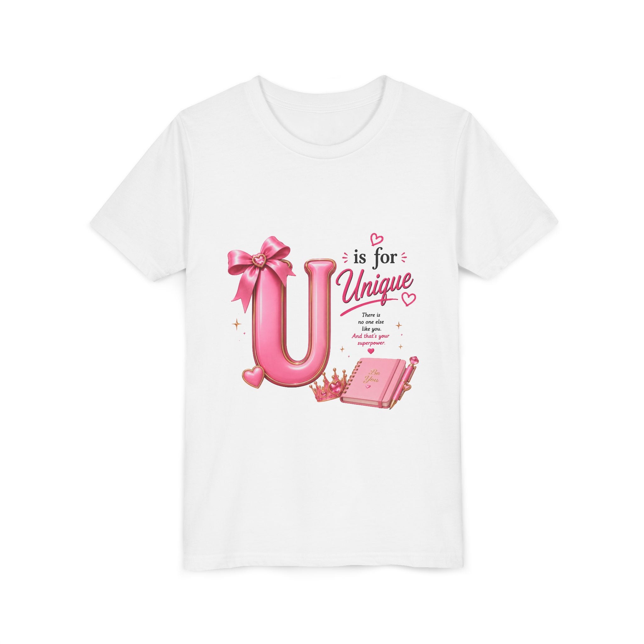 Youth Tee — "U is for Unique" Pink Alphabet Kids T‑Shirt