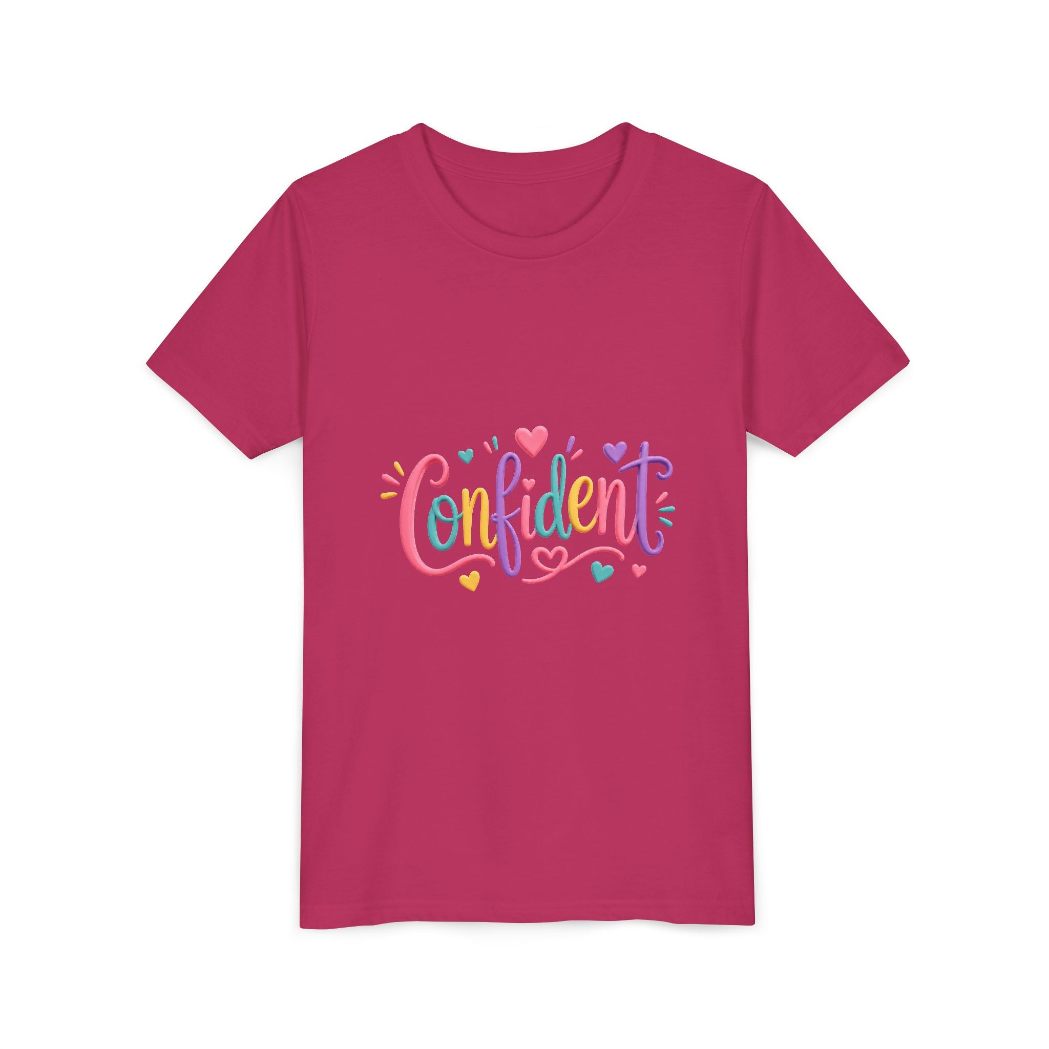 Confident Kids Tee — Colorful Heart Script Youth T-Shirt