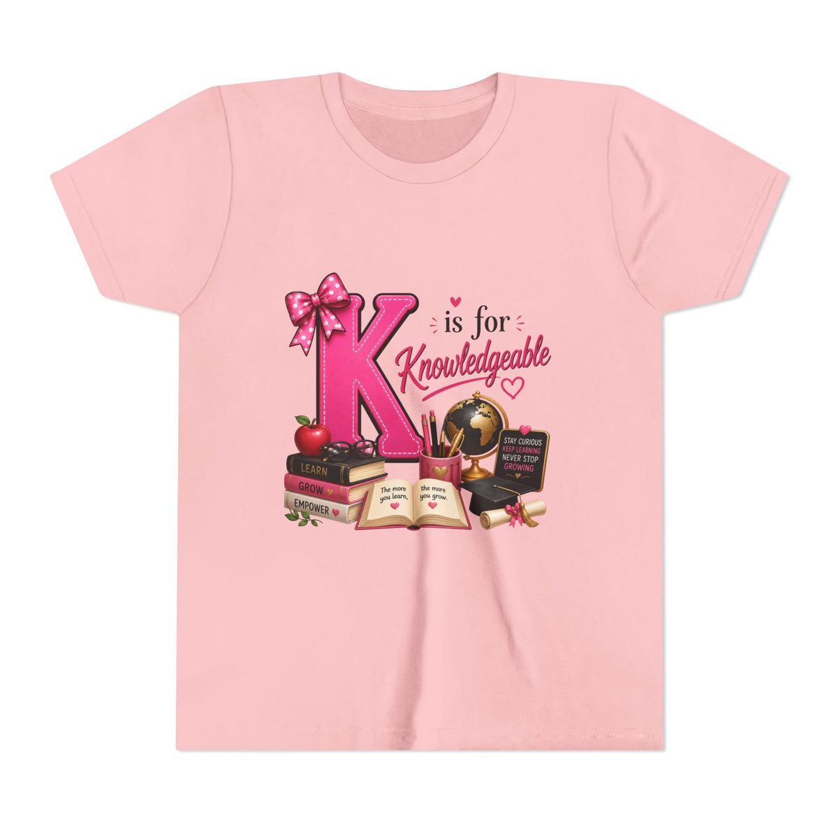 Youth Tee - "K is for Knowledgeable" Pink Alphabet School Shirt