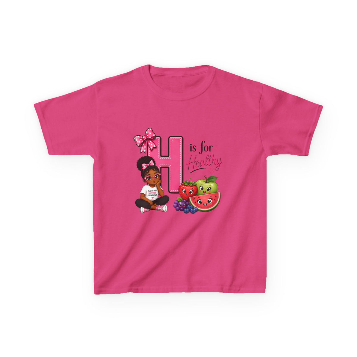 Kids Tee — "H is for Healthy" Cute Fruit & Girl Wellness Design