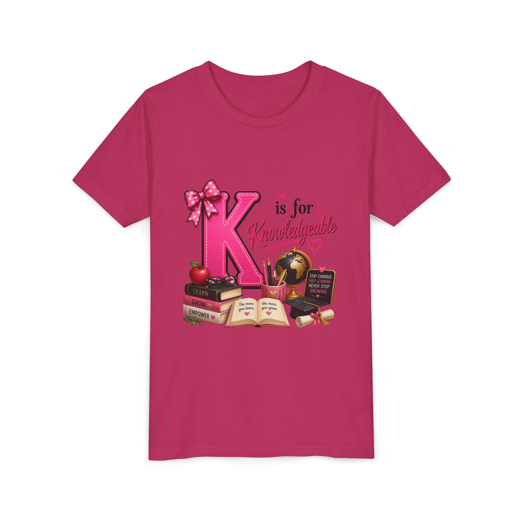 Youth Tee - "K is for Knowledgeable" Pink Alphabet School Shirt