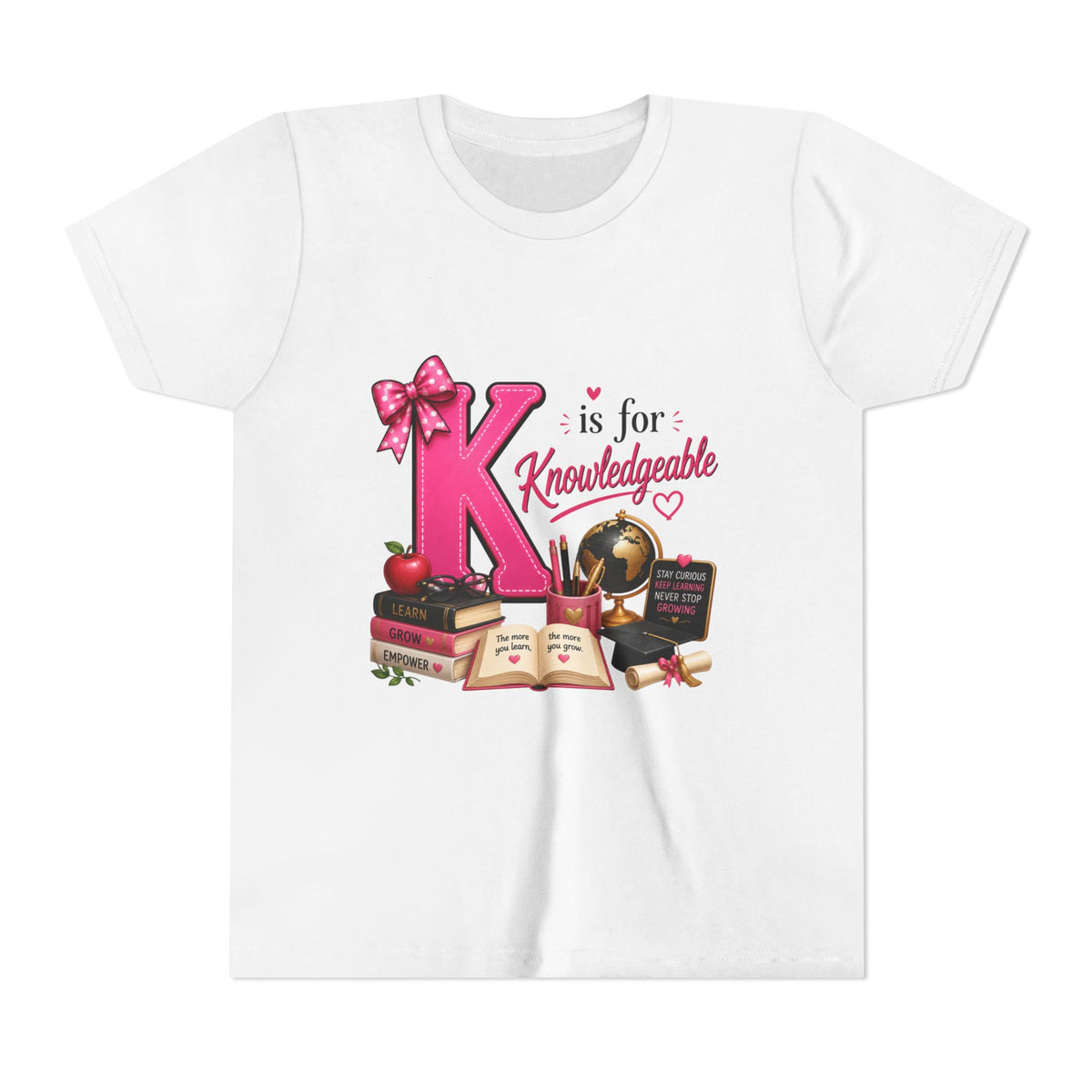 Youth Tee - "K is for Knowledgeable" Pink Alphabet School Shirt