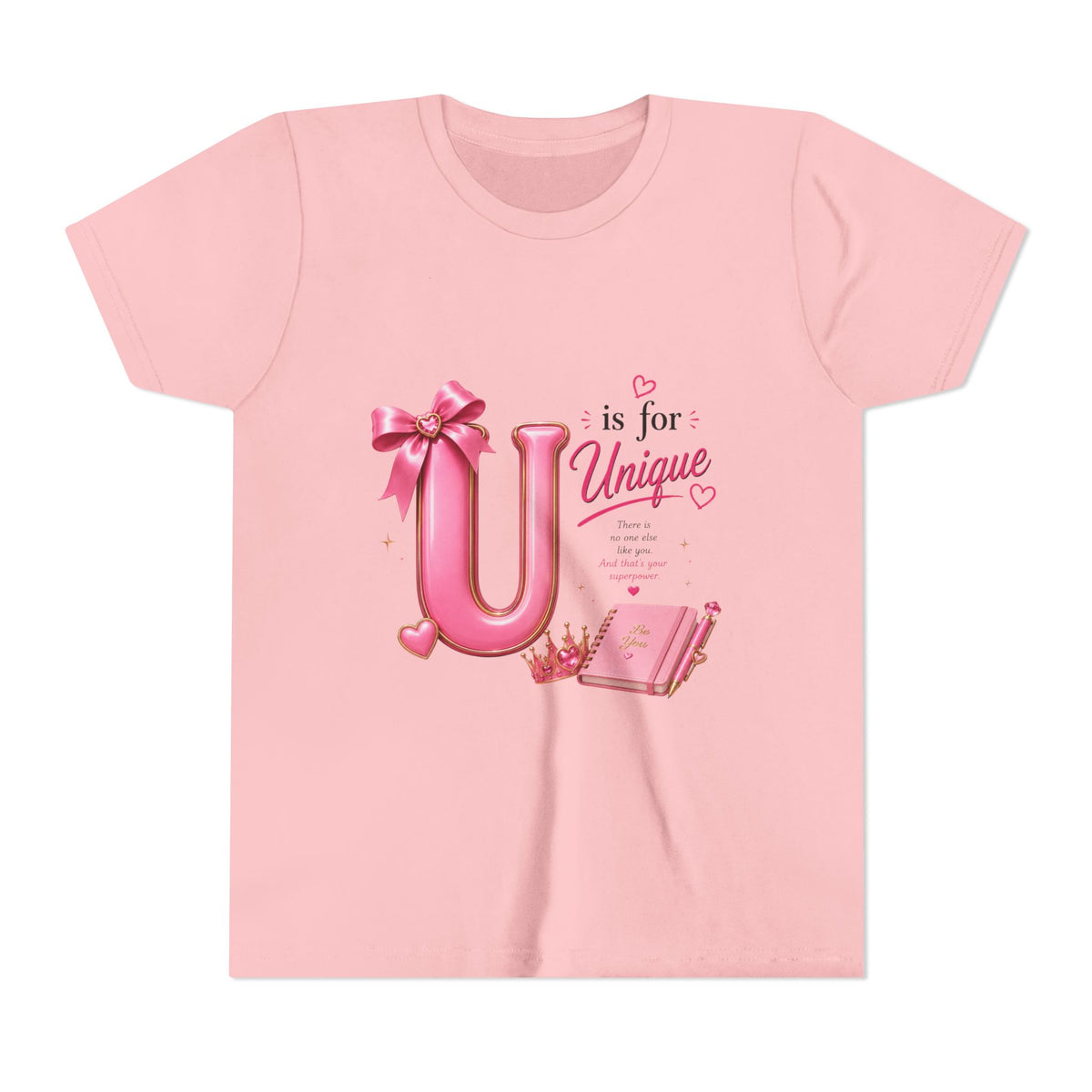 Youth Tee — "U is for Unique" Pink Alphabet Kids T‑Shirt